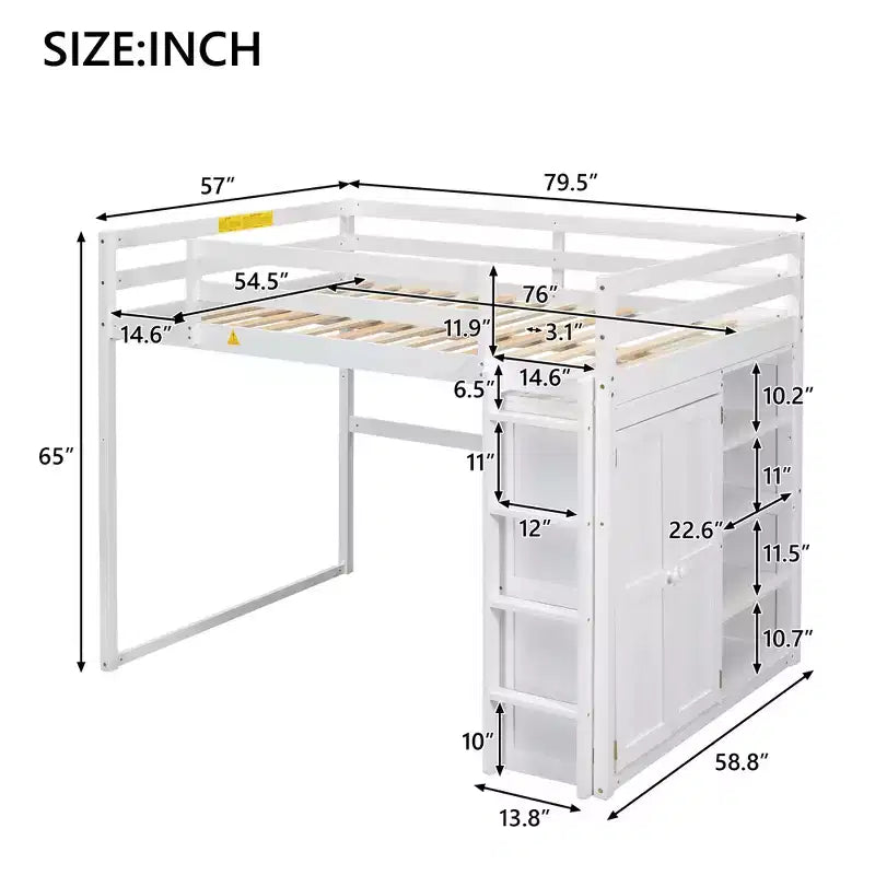 Lit mezzanine double en bois avec armoire intégrée, étagères de rangement et lumière LED