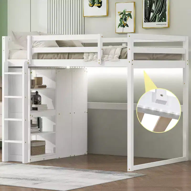 Lit mezzanine double en bois avec armoire intégrée, étagères de rangement et lumière LED