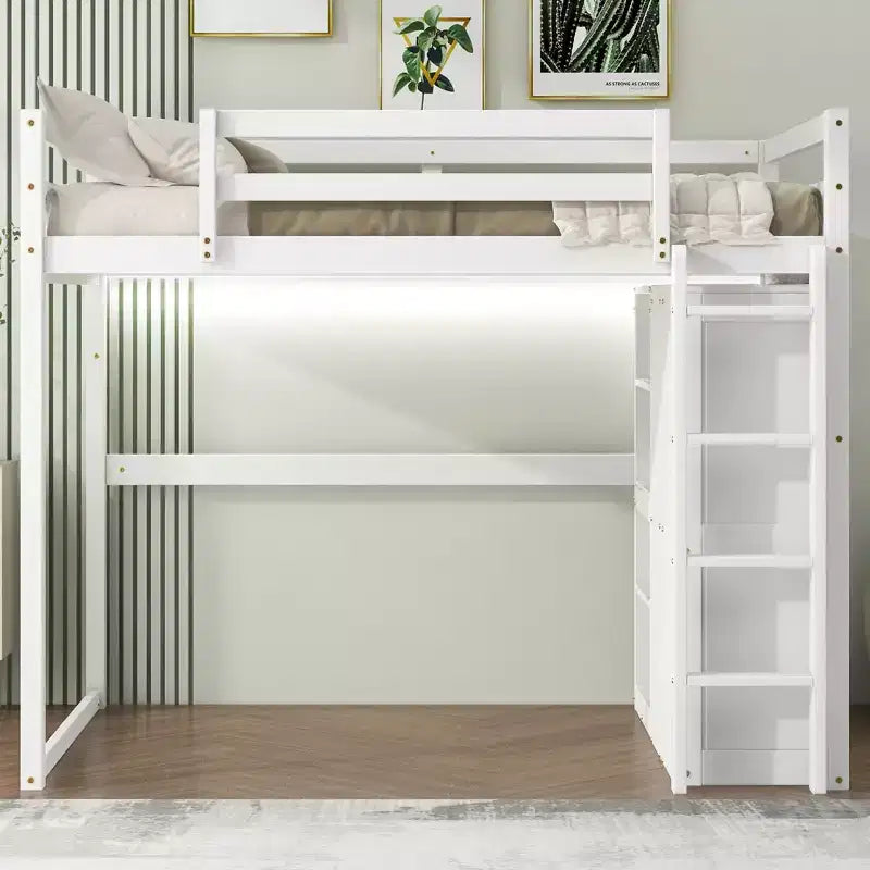 Lit mezzanine double en bois avec armoire intégrée, étagères de rangement et lumière LED