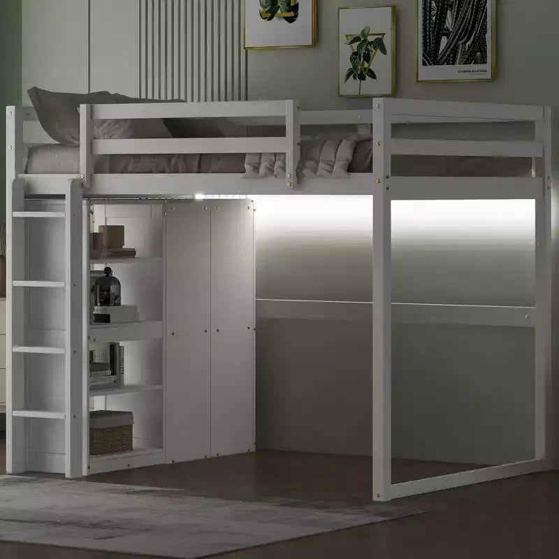 Lit mezzanine double en bois avec armoire intégrée, étagères de rangement et lumière LED