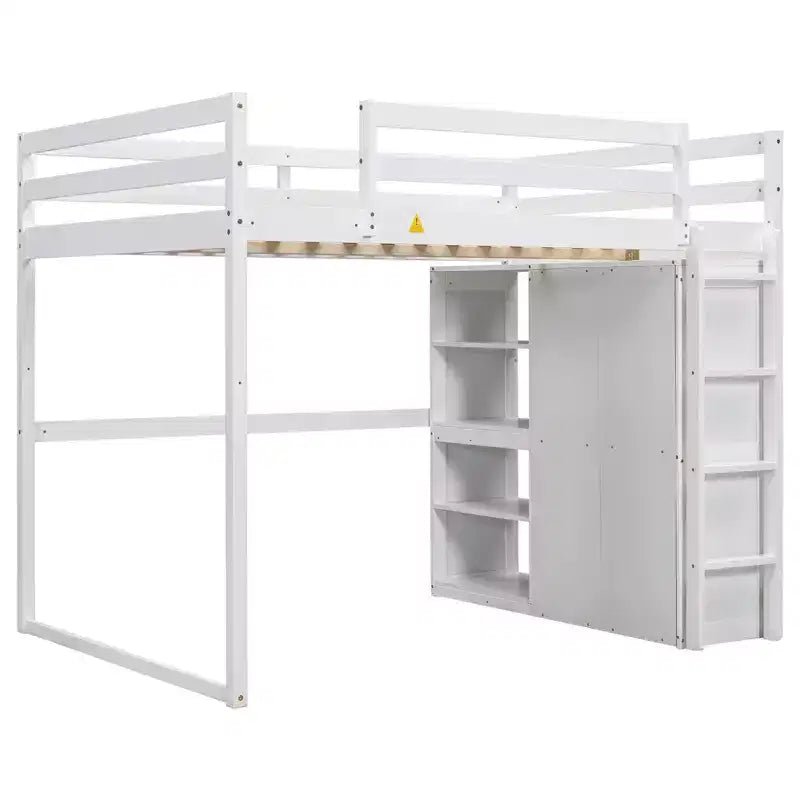 Lit mezzanine double en bois avec armoire intégrée, étagères de rangement et lumière LED