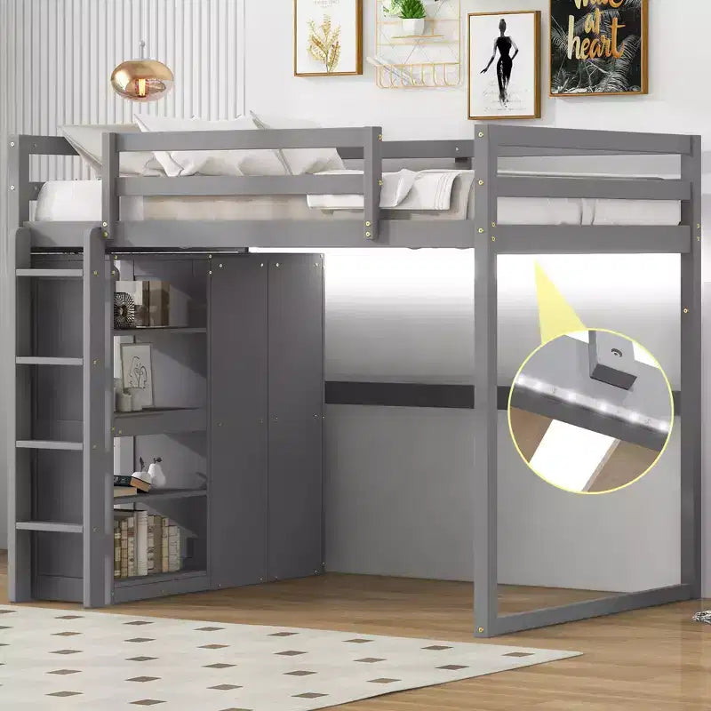 Lit mezzanine double en bois avec armoire intégrée, étagères de rangement et lumière LED