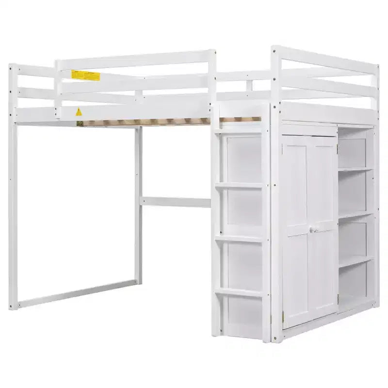 Lit mezzanine double en bois avec armoire intégrée, étagères de rangement et lumière LED