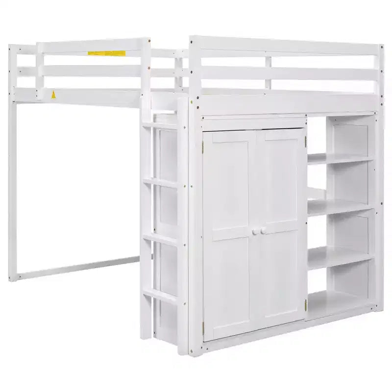 Lit mezzanine double en bois avec armoire intégrée, étagères de rangement et lumière LED