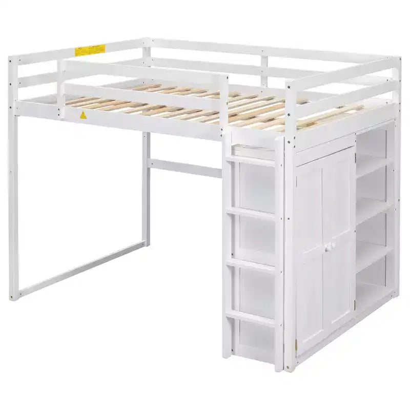 Lit mezzanine double en bois avec armoire intégrée, étagères de rangement et lumière LED