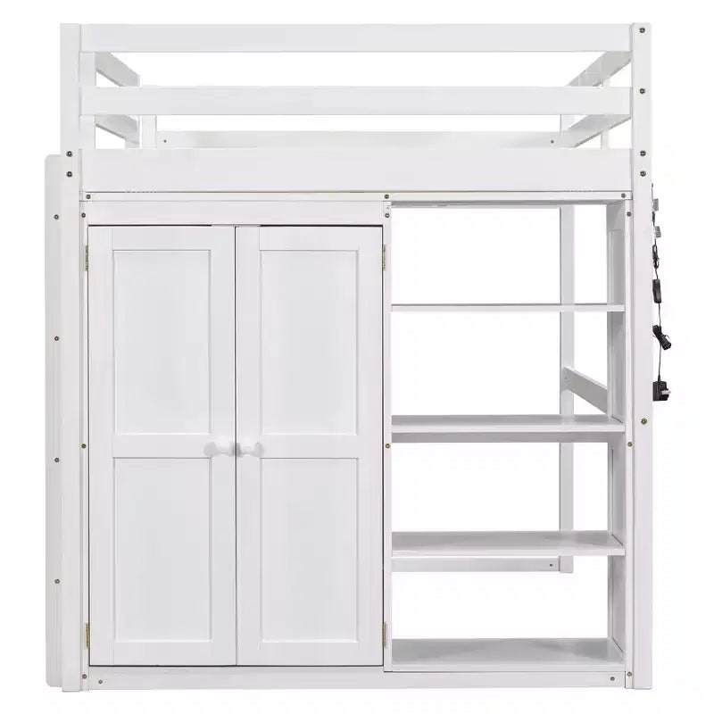 Lit mezzanine double en bois avec armoire intégrée, étagères de rangement et lumière LED