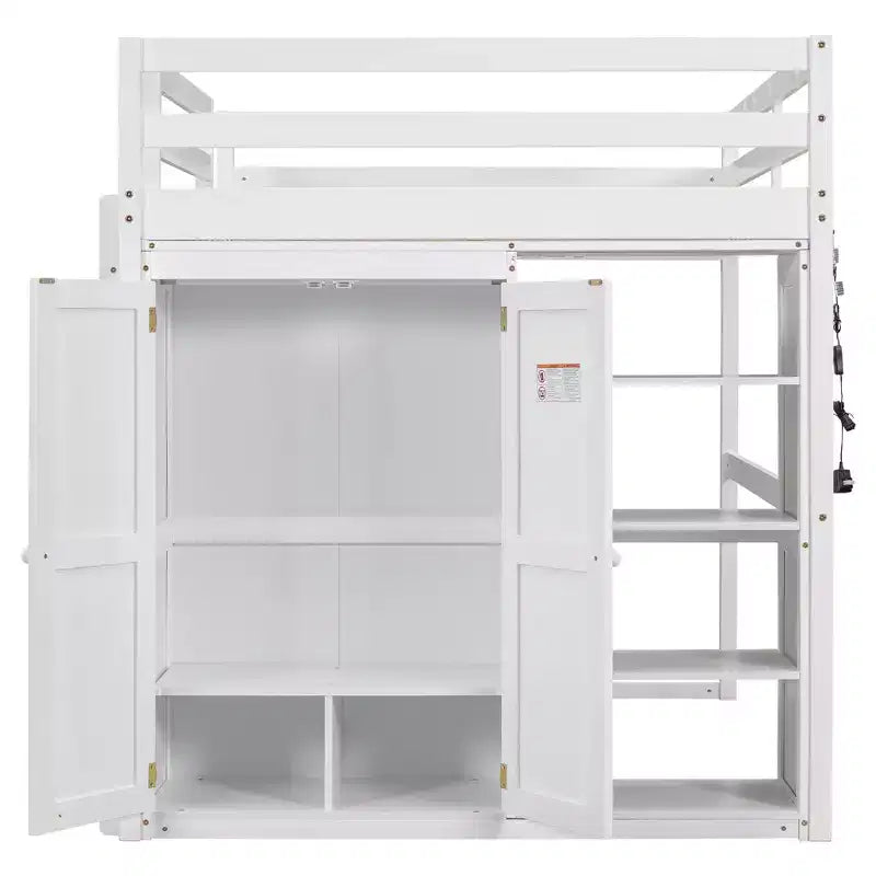 Lit mezzanine double en bois avec armoire intégrée, étagères de rangement et lumière LED