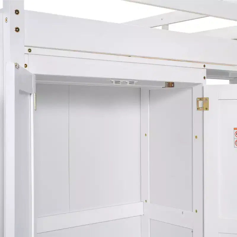 Lit mezzanine double en bois avec armoire intégrée, étagères de rangement et lumière LED