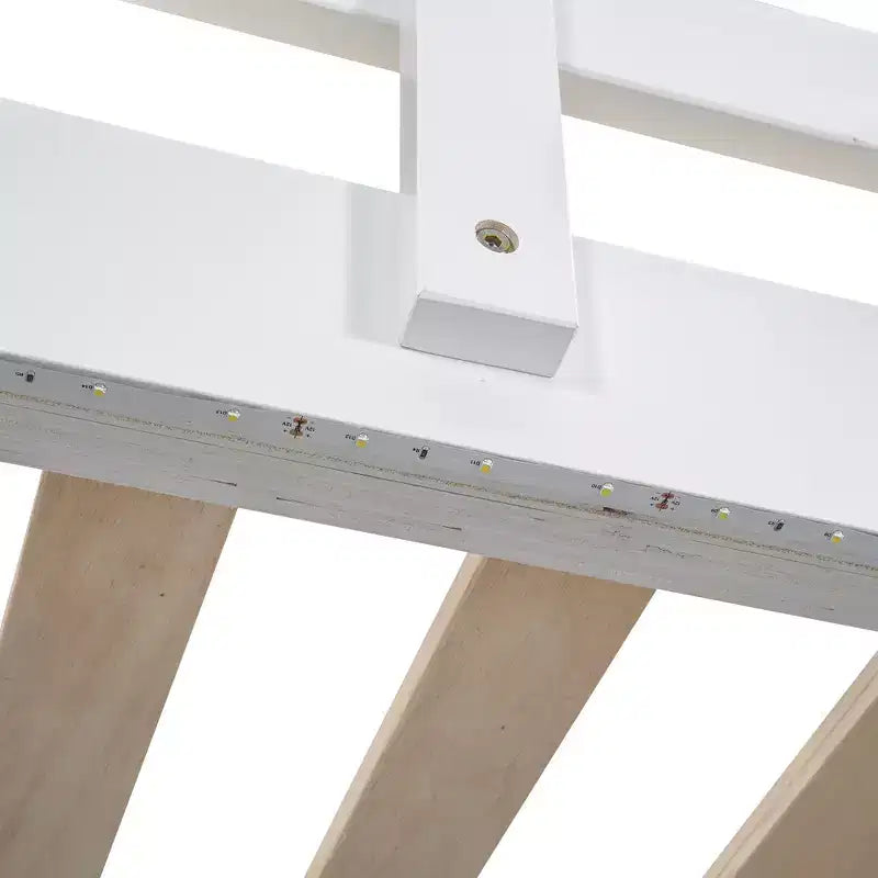 Lit mezzanine double en bois avec armoire intégrée, étagères de rangement et lumière LED