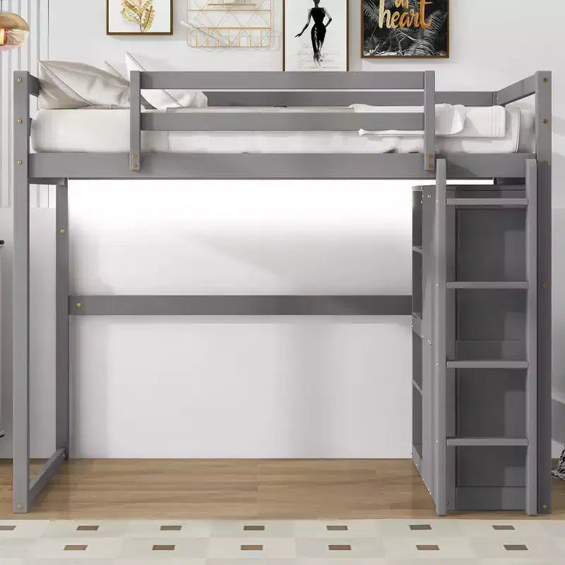 Lit mezzanine double en bois avec armoire intégrée, étagères de rangement et lumière LED