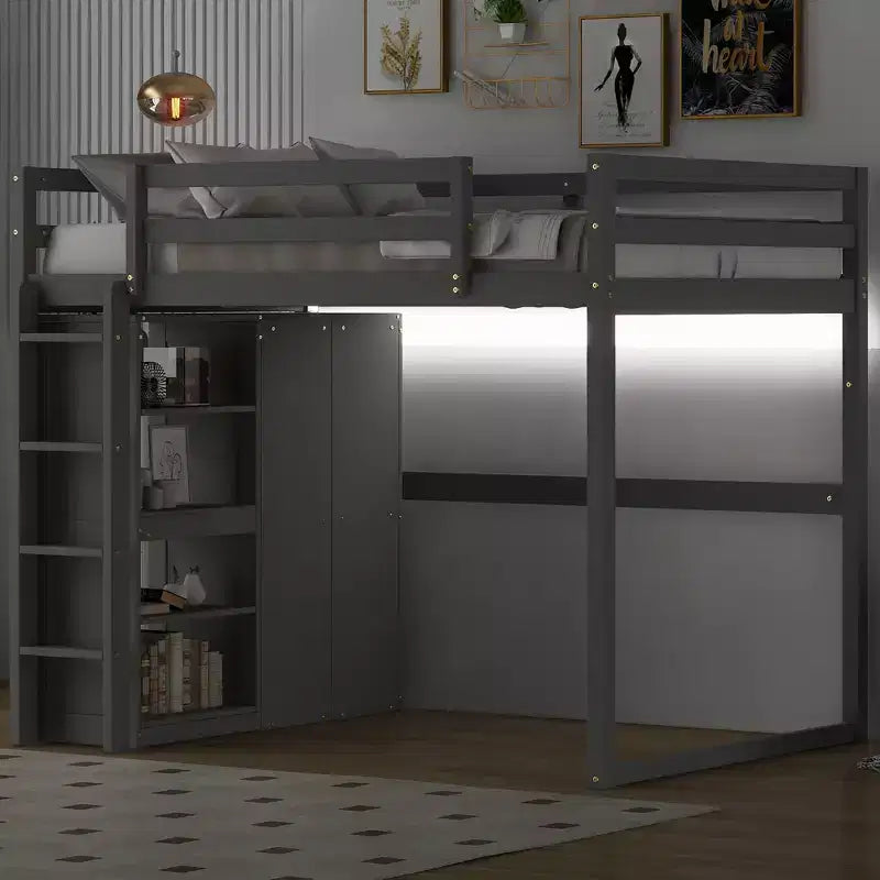 Lit mezzanine double en bois avec armoire intégrée, étagères de rangement et lumière LED