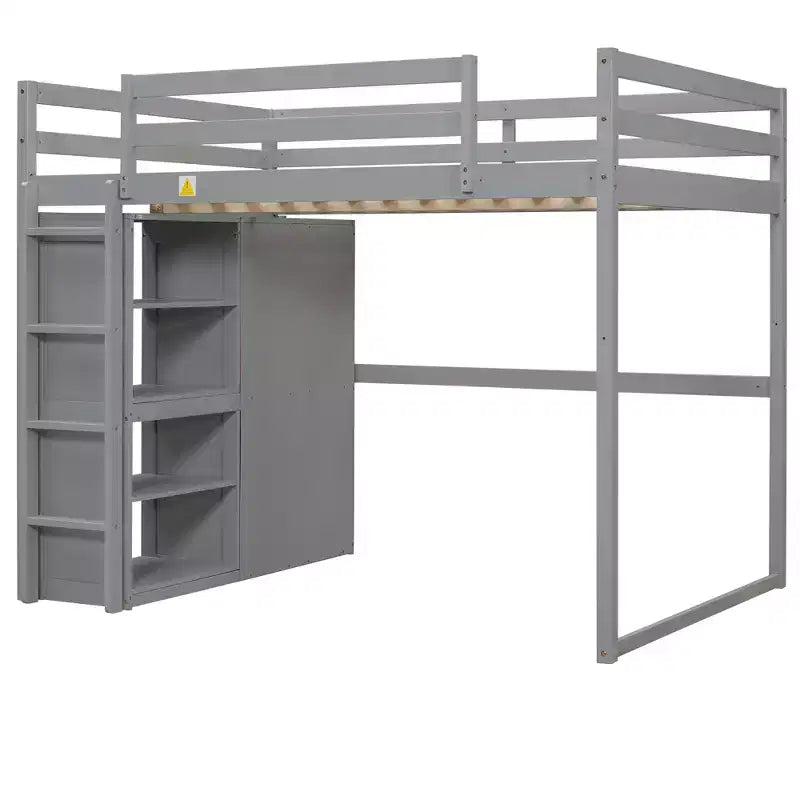 Lit mezzanine double en bois avec armoire intégrée, étagères de rangement et lumière LED