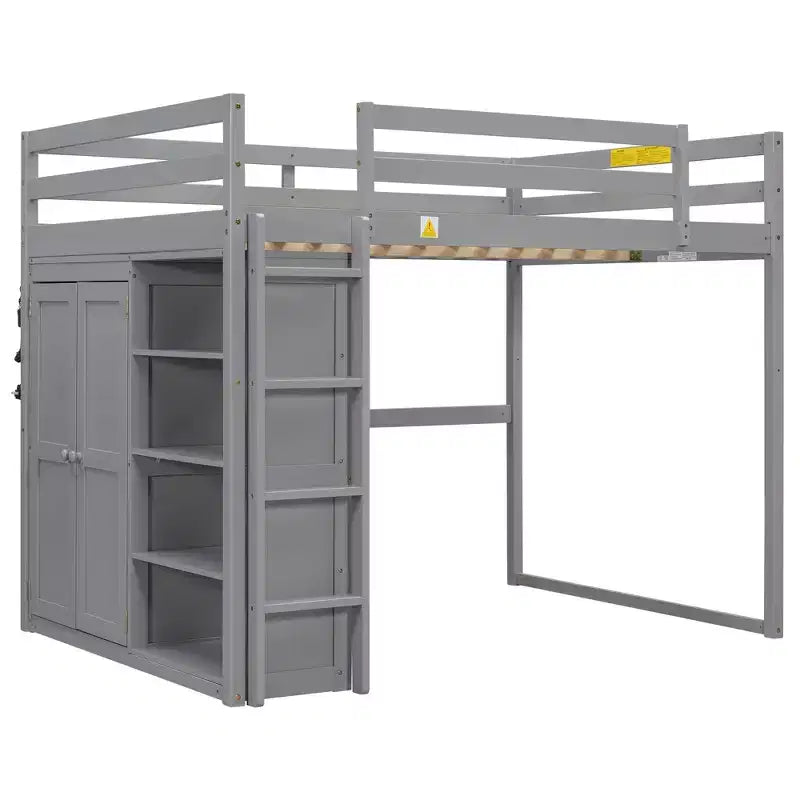Lit mezzanine double en bois avec armoire intégrée, étagères de rangement et lumière LED