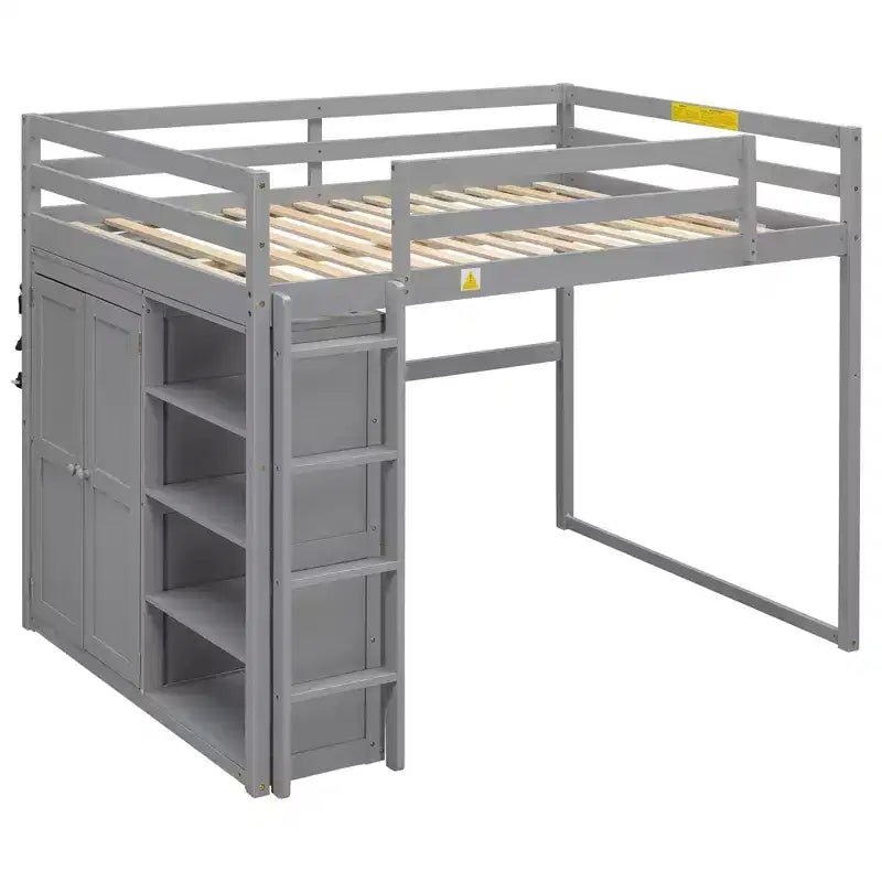 Lit mezzanine double en bois avec armoire intégrée, étagères de rangement et lumière LED