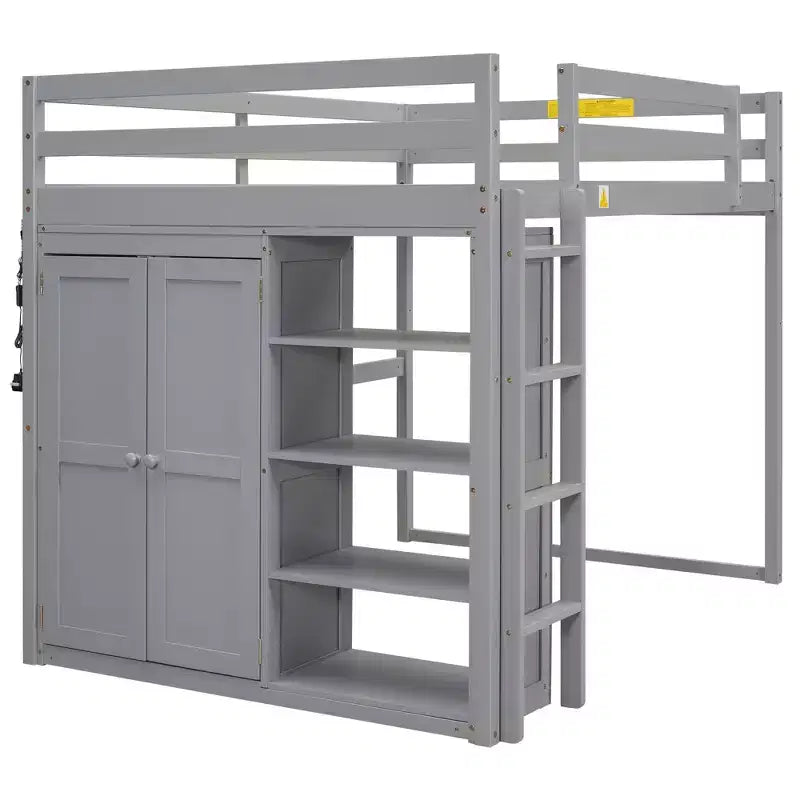 Lit mezzanine double en bois avec armoire intégrée, étagères de rangement et lumière LED