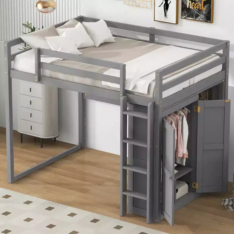 Whisen 79.5''L  57.0''W Wood Full Size Loft Bed with Built-in Wardrobe, Storage Shelves and Led light