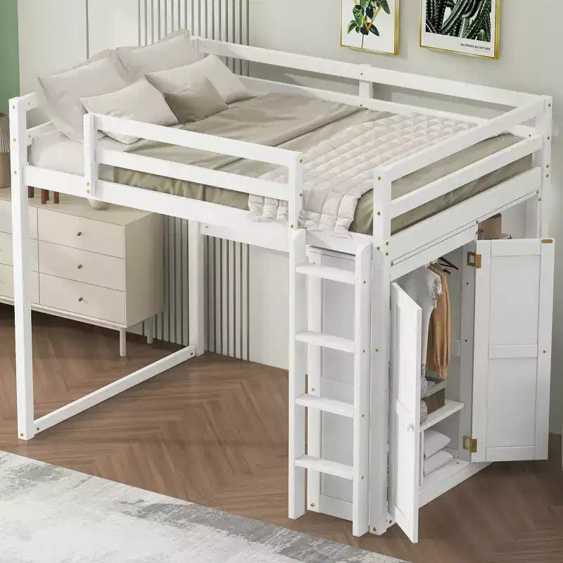 Lit mezzanine double en bois avec armoire intégrée, étagères de rangement et lumière LED