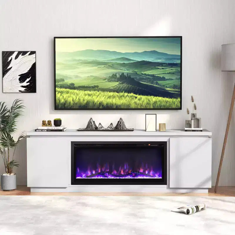 Meuble TV avec cheminée électrique pour téléviseurs jusqu'à 80 pouces, 3 étagères réglables, Noir/Blanc