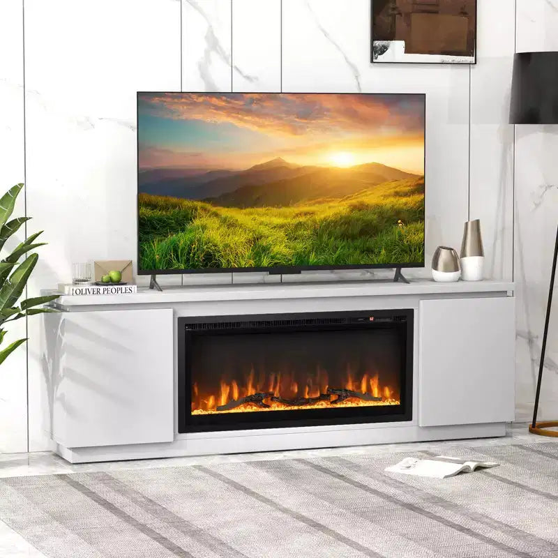 Meuble TV avec cheminée électrique pour téléviseurs jusqu'à 80 pouces, 3 étagères réglables, Noir/Blanc