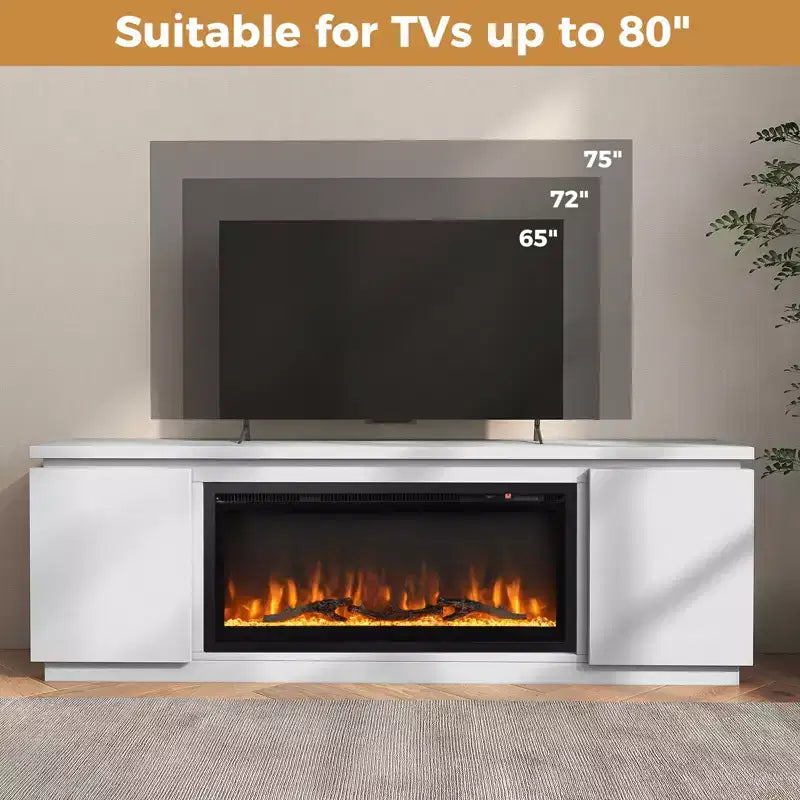 Meuble TV avec cheminée électrique pour téléviseurs jusqu'à 80 pouces, 3 étagères réglables, Noir/Blanc