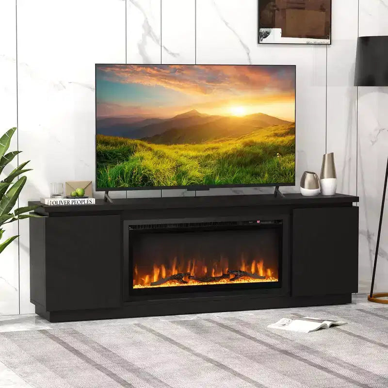 Meuble TV avec cheminée électrique pour téléviseurs jusqu'à 80 pouces, 3 étagères réglables, Noir/Blanc