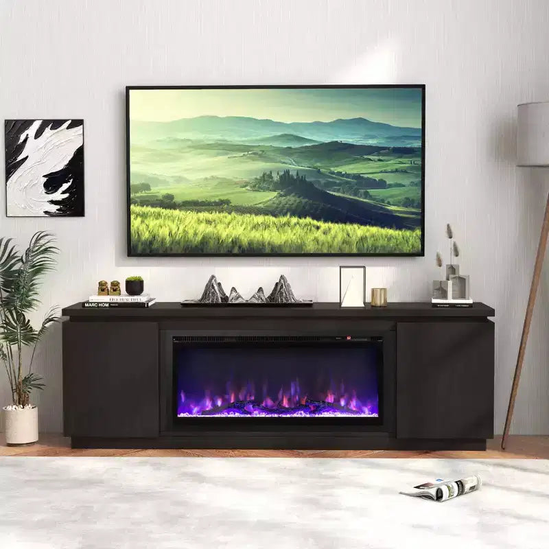 Meuble TV avec cheminée électrique pour téléviseurs jusqu'à 80 pouces, 3 étagères réglables, Noir/Blanc