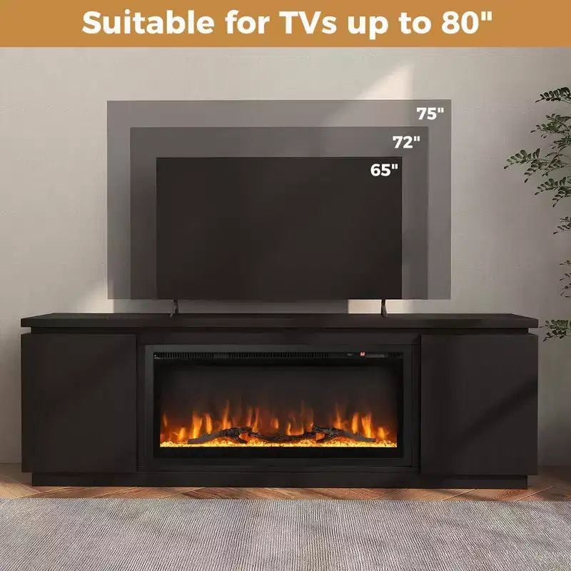 Meuble TV avec cheminée électrique pour téléviseurs jusqu'à 80 pouces, 3 étagères réglables, Noir/Blanc