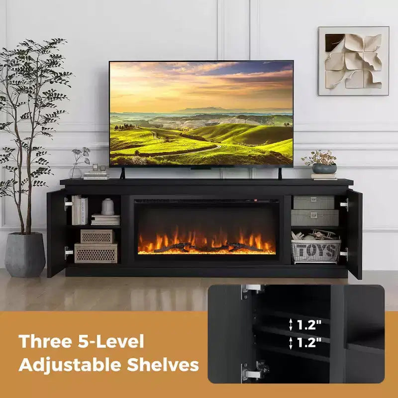 Meuble TV avec cheminée électrique pour téléviseurs jusqu'à 80 pouces, 3 étagères réglables, Noir/Blanc