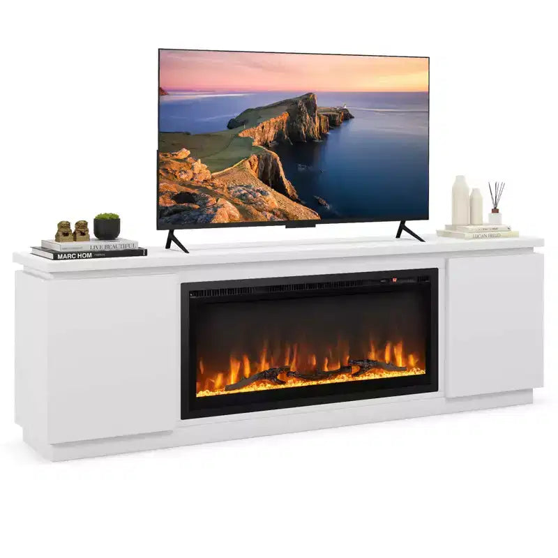 Meuble TV avec cheminée électrique pour téléviseurs jusqu'à 80 pouces, 3 étagères réglables, Noir/Blanc