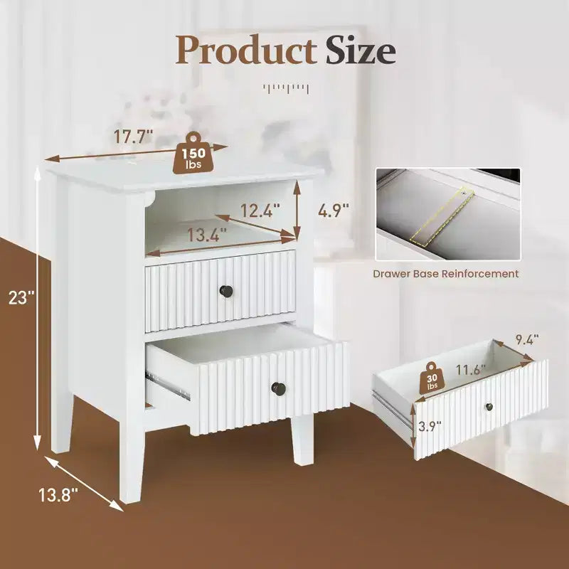 Table de chevet cannelée avec station de recharge, table d'appoint avec 2 tiroirs coulissants silencieux et étagère de rangement, idéale pour le salon, la chambre à coucher