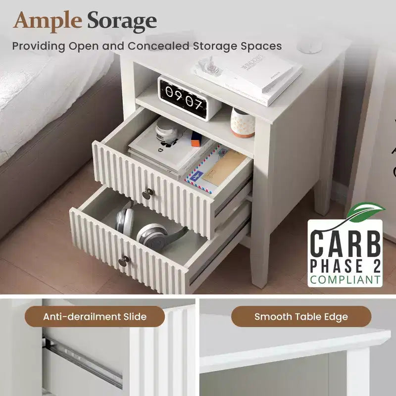 Table de chevet cannelée avec station de recharge, table d'appoint avec 2 tiroirs coulissants silencieux et étagère de rangement, idéale pour le salon, la chambre à coucher