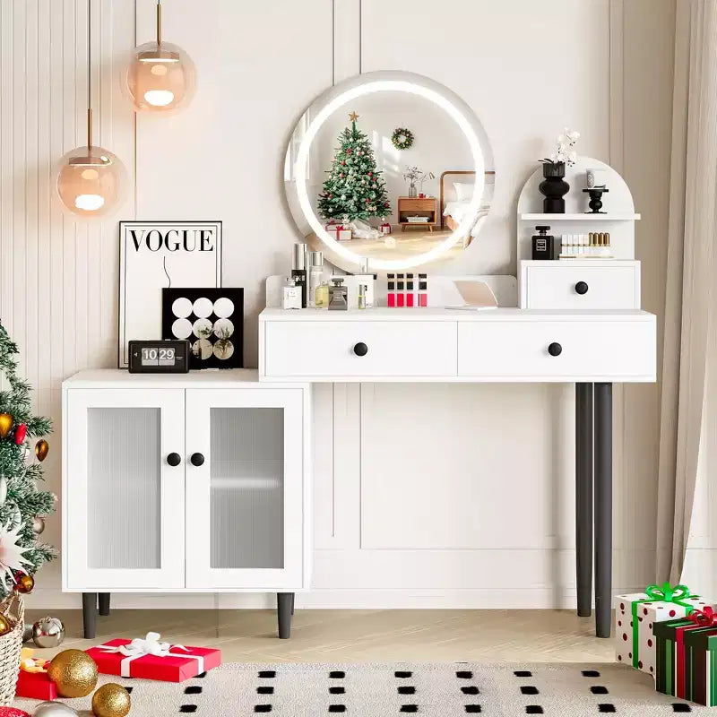Vanity Desk with Round LED Mirror, Modern Makeup Vanity with Power Outlet, LED Touch Screen 3 Lighting Modes, Adjustable Brightness, 3 Drawers- White