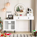 Vanity Desk with Round LED Mirror, Modern Makeup Vanity with Power Outlet, LED Touch Screen 3 Lighting Modes, Adjustable Brightness, 3 Drawers- White