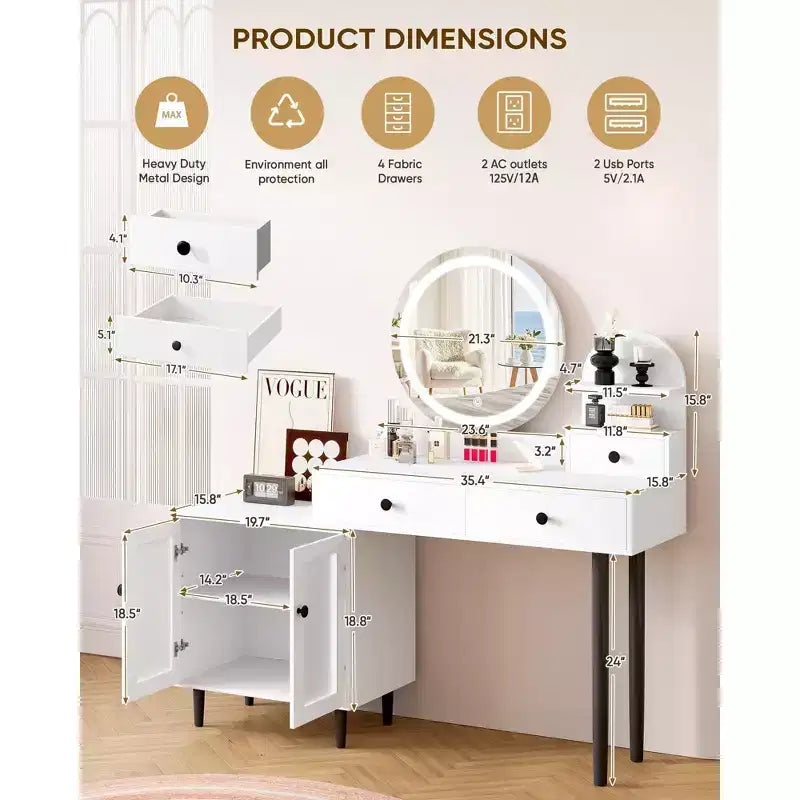 Coiffeuse avec miroir LED rond, coiffeuse moderne avec prise de courant, écran tactile LED 3 modes d'éclairage, luminosité réglable, 3 tiroirs - Blanc
