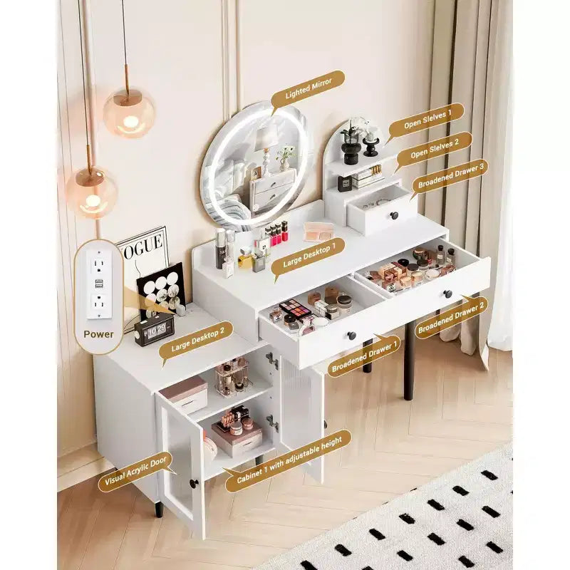 Coiffeuse avec miroir LED rond, coiffeuse moderne avec prise de courant, écran tactile LED 3 modes d'éclairage, luminosité réglable, 3 tiroirs - Blanc
