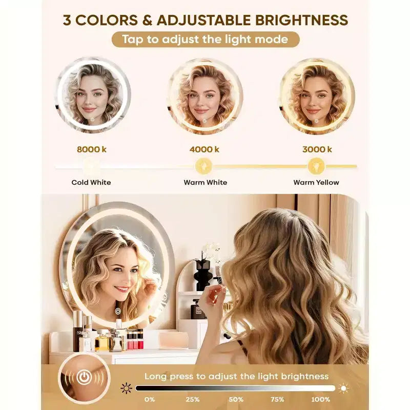 Coiffeuse avec miroir LED rond, coiffeuse moderne avec prise de courant, écran tactile LED 3 modes d'éclairage, luminosité réglable, 3 tiroirs - Blanc