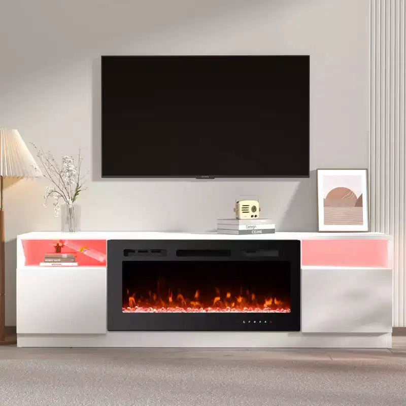 Meuble TV 70'' avec foyer électrique et éclairage LED 16 couleurs, meuble de divertissement en bois avec placards de rangement