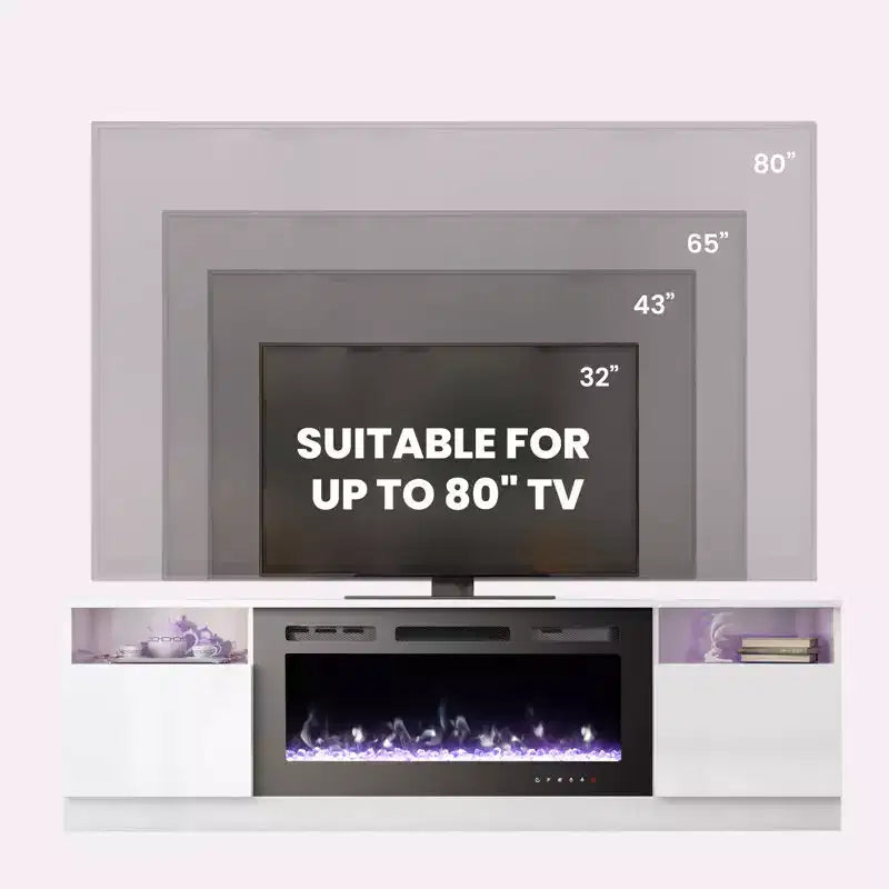 Meuble TV 70'' avec foyer électrique et éclairage LED 16 couleurs, meuble de divertissement en bois avec placards de rangement