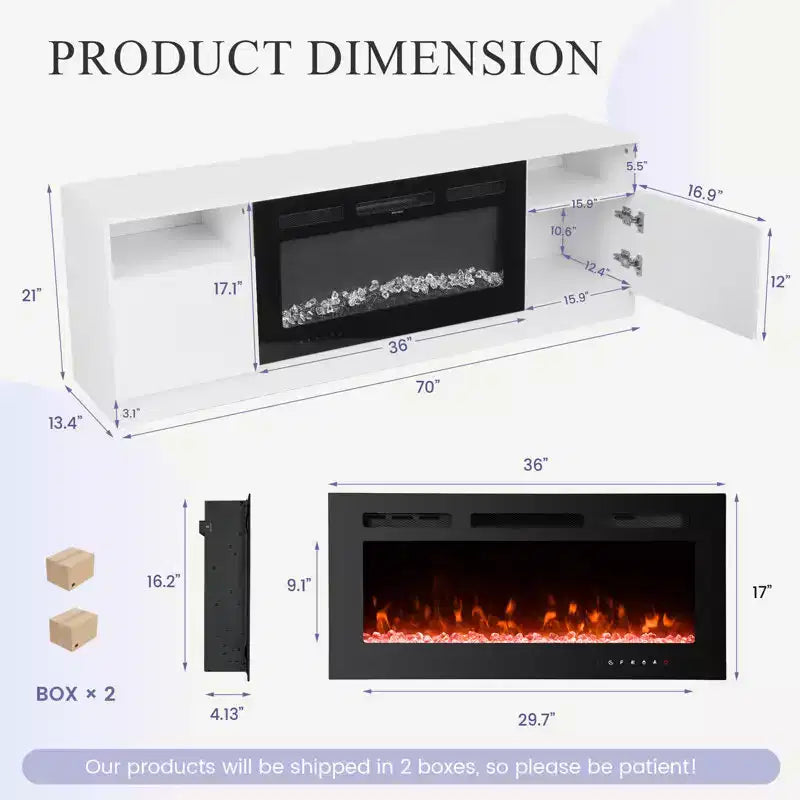 Meuble TV 70'' avec foyer électrique et éclairage LED 16 couleurs, meuble de divertissement en bois avec placards de rangement