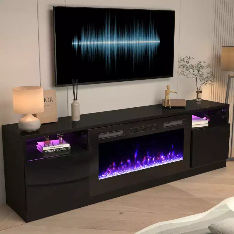 Meuble TV 70'' avec foyer électrique et éclairage LED 16 couleurs, meuble de divertissement en bois avec placards de rangement