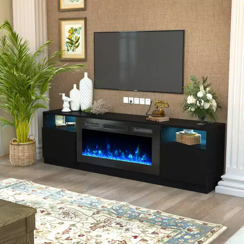 Meuble TV 70'' avec foyer électrique et éclairage LED 16 couleurs, meuble de divertissement en bois avec placards de rangement