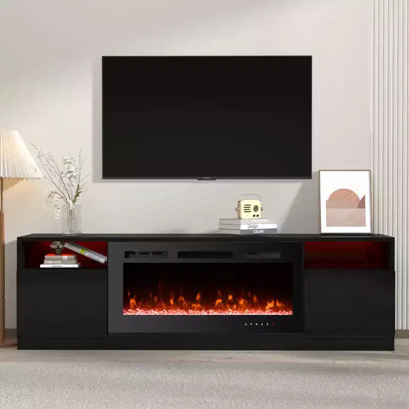 Meuble TV 70'' avec foyer électrique et éclairage LED 16 couleurs, meuble de divertissement en bois avec placards de rangement