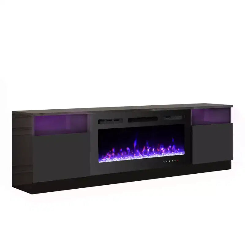 Meuble TV 70'' avec foyer électrique et éclairage LED 16 couleurs, meuble de divertissement en bois avec placards de rangement