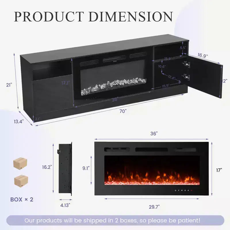 Meuble TV 70'' avec foyer électrique et éclairage LED 16 couleurs, meuble de divertissement en bois avec placards de rangement