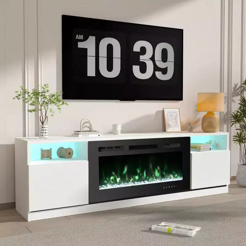 Meuble TV 70'' avec foyer électrique et éclairage LED 16 couleurs, meuble de divertissement en bois avec placards de rangement