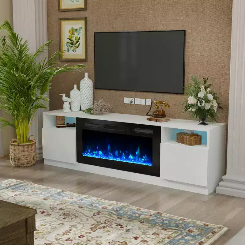 Meuble TV 70'' avec foyer électrique et éclairage LED 16 couleurs, meuble de divertissement en bois avec placards de rangement