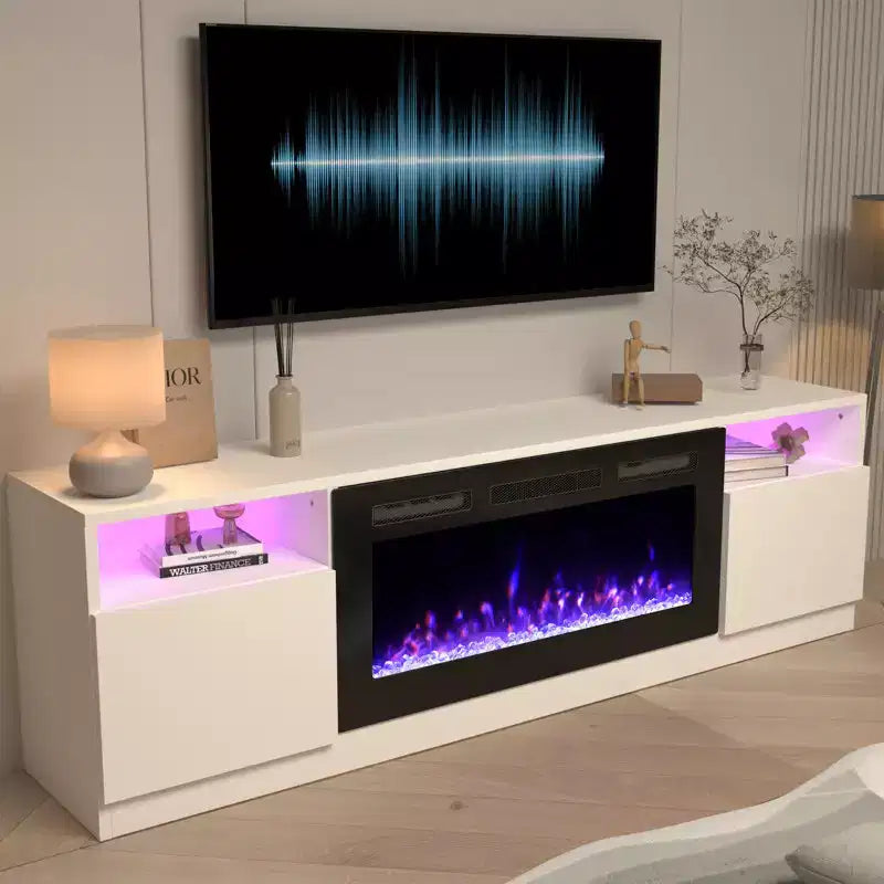 Meuble TV 70'' avec foyer électrique et éclairage LED 16 couleurs, meuble de divertissement en bois avec placards de rangement