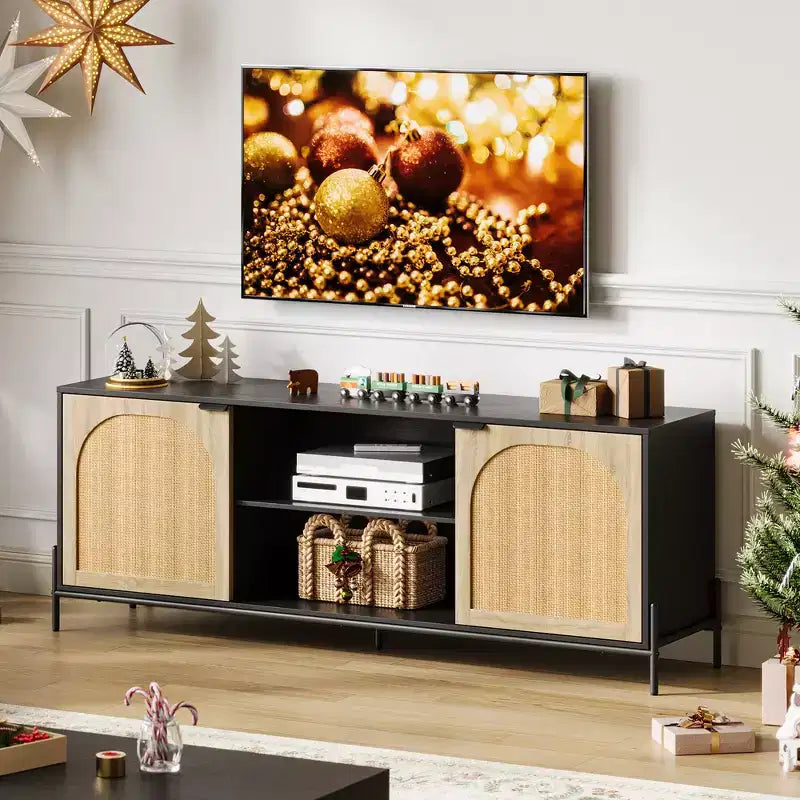 WhizMax Rattan TV Stand for 75 inch TV, Entertainment Center with Storage, 65 Inch TV Console Table for Living Room, Bedroom