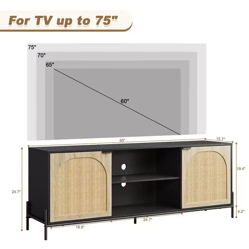 Meuble TV en rotin pour téléviseur de 75 pouces, centre de divertissement avec rangement, console TV de 65 pouces pour salon, chambre à coucher