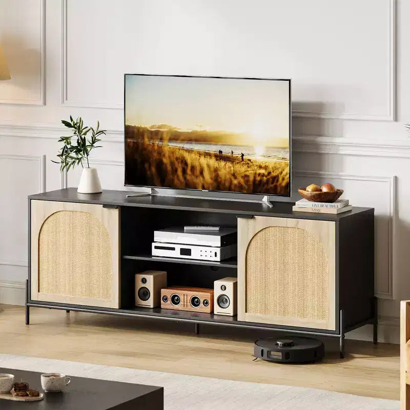 Meuble TV en rotin pour téléviseur de 75 pouces, centre de divertissement avec rangement, console TV de 65 pouces pour salon, chambre à coucher